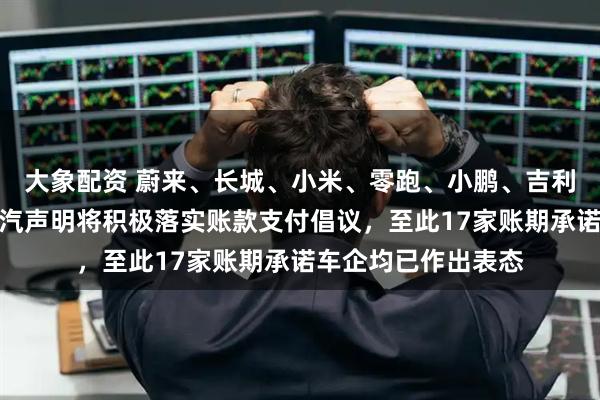 大象配资 蔚来、长城、小米、零跑、小鹏、吉利、北汽、江汽、一汽声明将积极落实账款支付倡议，至此17家账期承诺车企均已作出表态